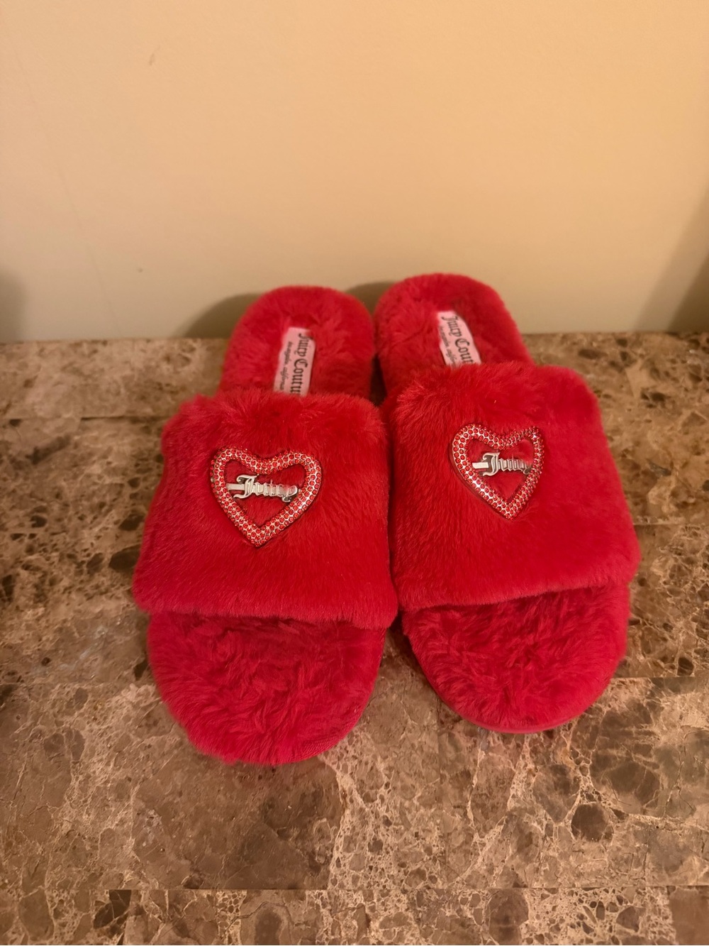 Juicy Couture Women’s Bright Red Fuzzy Heart Slide Slippers